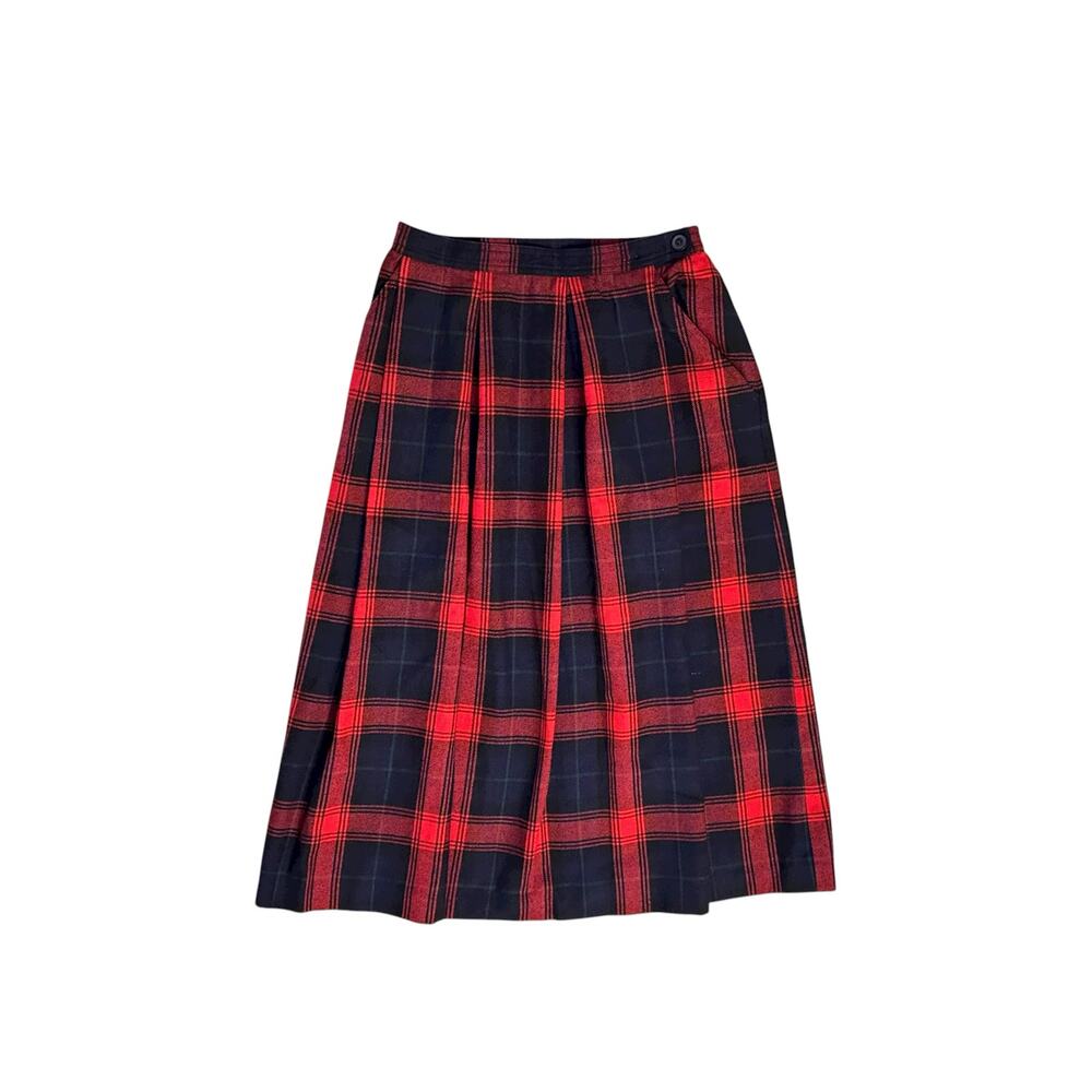 Vintage 80s Jones New York Plaid Wool Midi Skirt Pockets Red Sz 10  Holiday